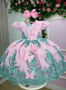 Vestido Marie Jardim Encantado Luxo Rosa e Verde Tiffany