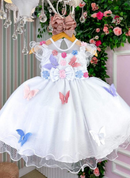 Vestido Marie Branco Jardim Encantado Laço Borboletas Coloridas