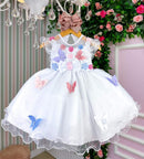 Vestido Marie Branco Jardim Encantado Laço Borboletas Coloridas