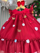 Vestido Vila Lele Jardim das Borboletas Baby Liz Vermelho